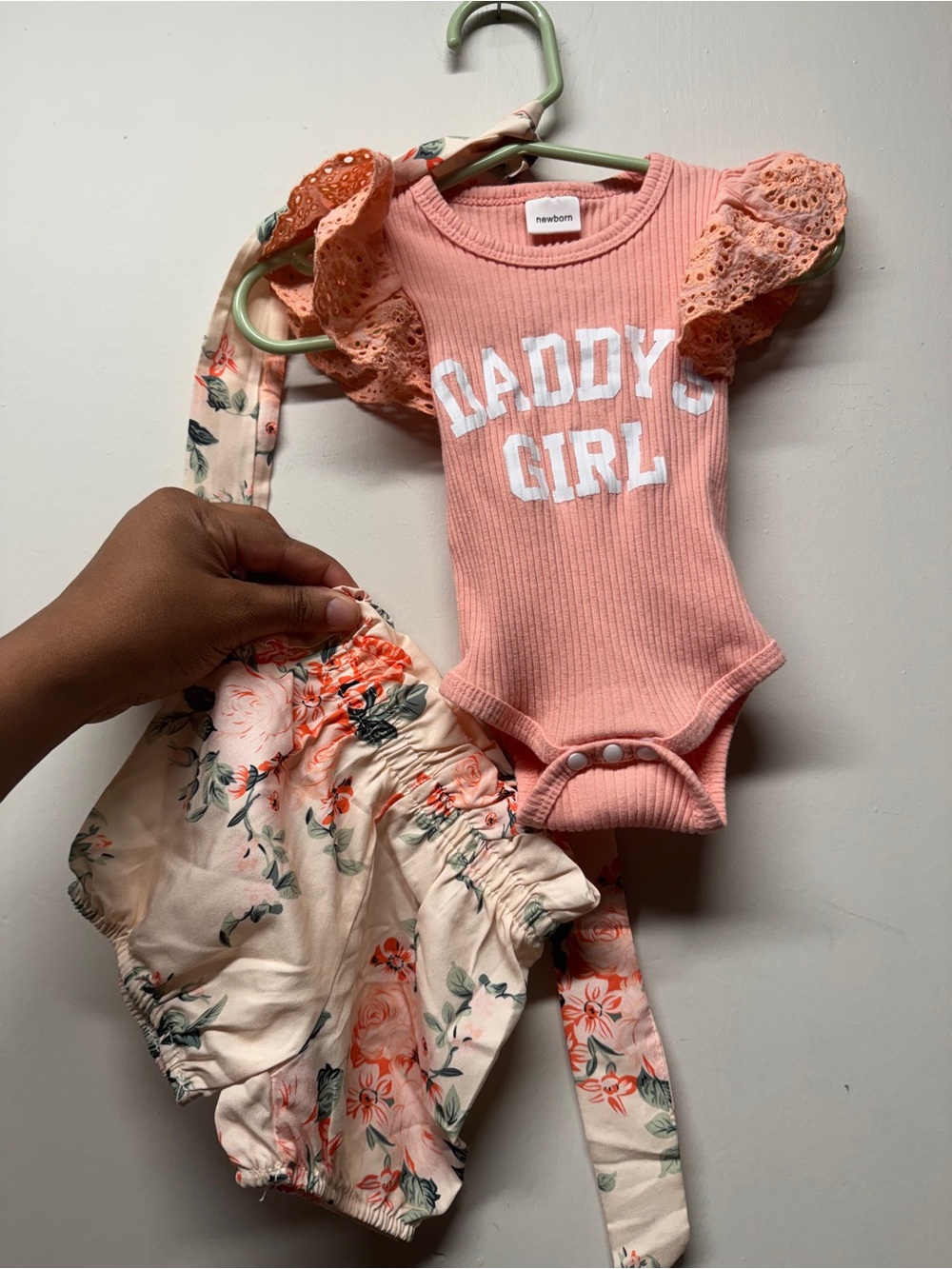 Daddy's Girl Pinkish Baby Bodysuit with Floral Shorts Set and head band ribb